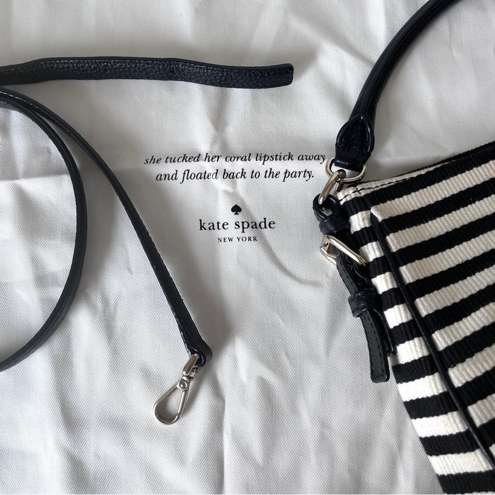 Kate Spade Black White Striped Crossbody Bag Canvas Leather Trim Convertible - Picture 11 of 16